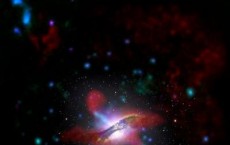 Composite View of the Galaxy Centaurus A in Visible Light, Far-Infrared and X-Rays