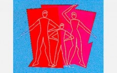 Illustration of a Man, Woman and Child on a Red Polygon with Blue Margin