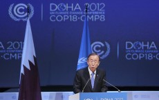 U.N. Secretary General Ban talks during the opening ceremony of the plenary session of the high-level segment of COP18 of UNFCCC in Doha