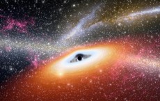 This is an artistic impression of a gas disk feeding a massive black hole while emitting radiation.