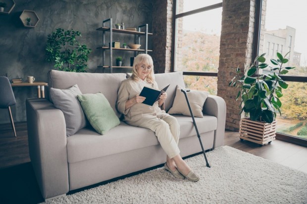 Portrait of her she nice attractive focused kind lovely calm peaceful gray-haired lady sitting on divan reading diary
